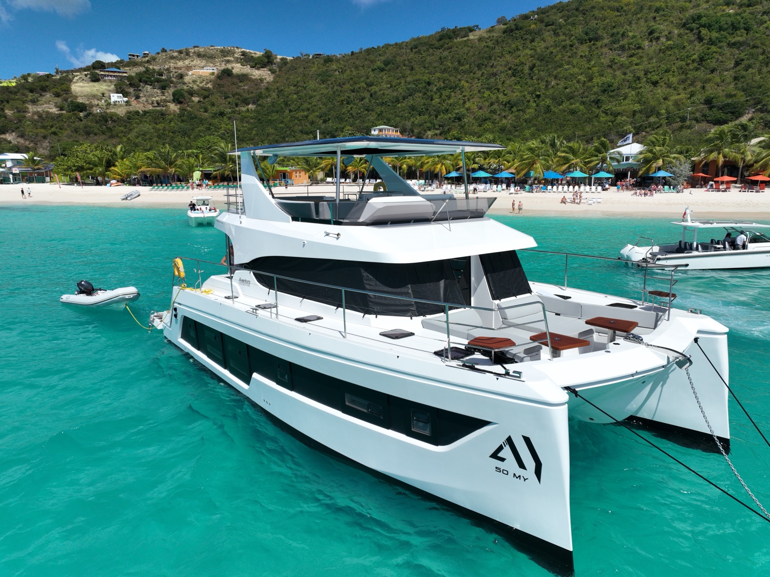 Yachti By Nature Aventura 50 power catamaran exterior in turquoise BVI water