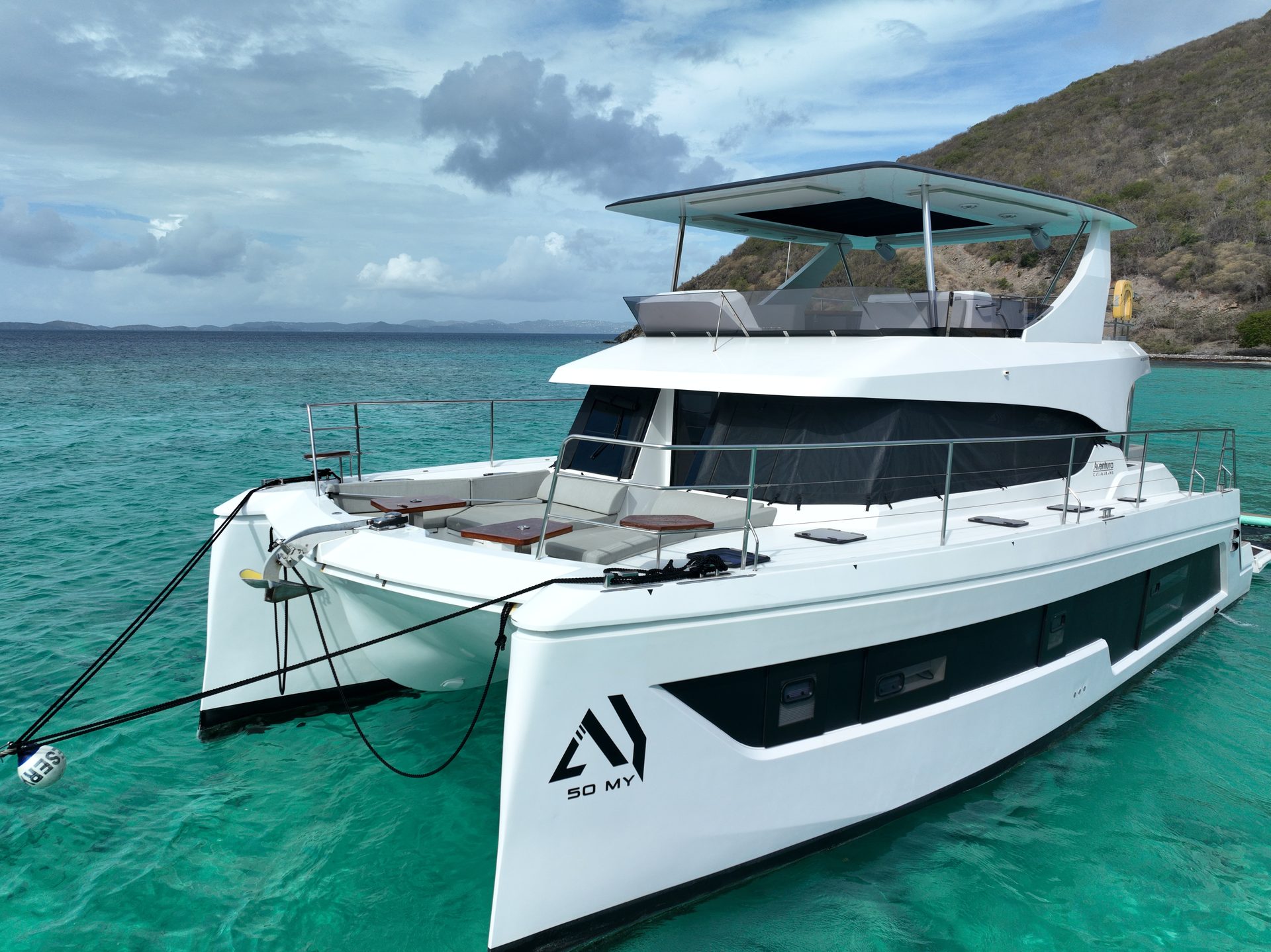 Aerial drone view of Yachti By Nature power catamaran in turquoise BVI water